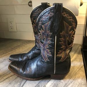 Vintage Dan Post size 8 leather black cowboy boots, rainbow stitching Square toe